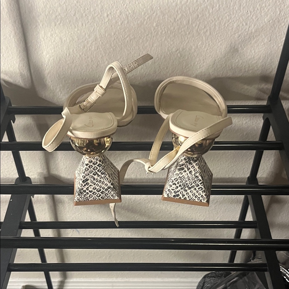 Circus by Sam Edelman Cream Heeled Sandals with Textured Metallic Block Heel